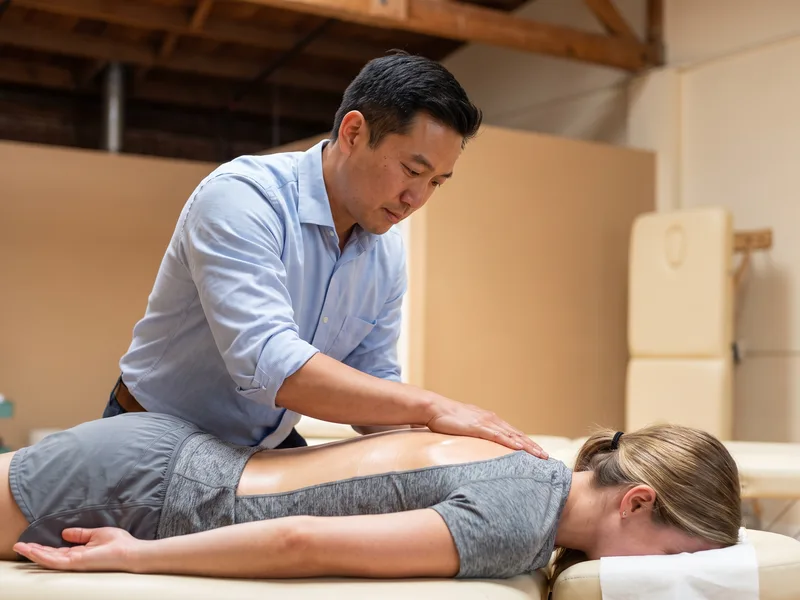 Therapist performing hands-on soft tissue work on a client's back