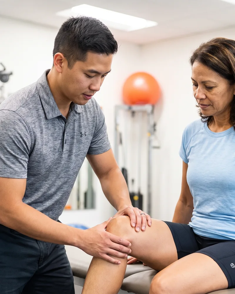 Therapist performing a manual knee assessment on a seated client