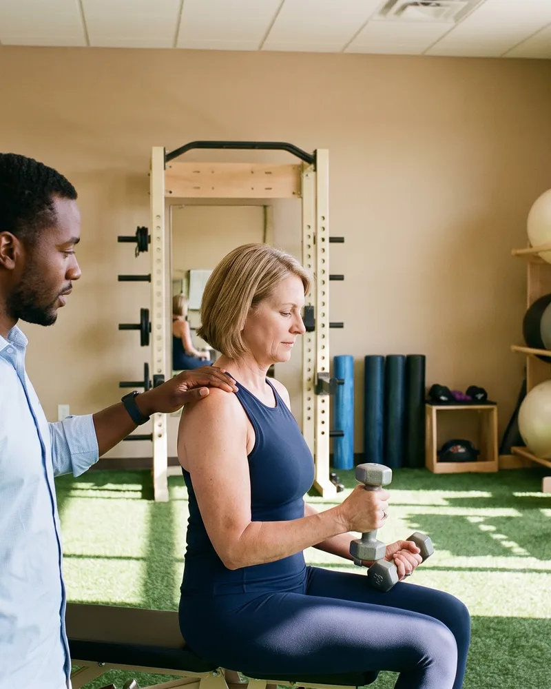 Client doing seated strength work with a therapist close by