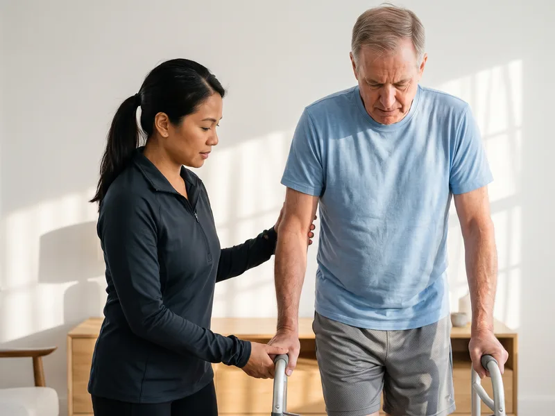 Therapist assisting a client walking with a support walker