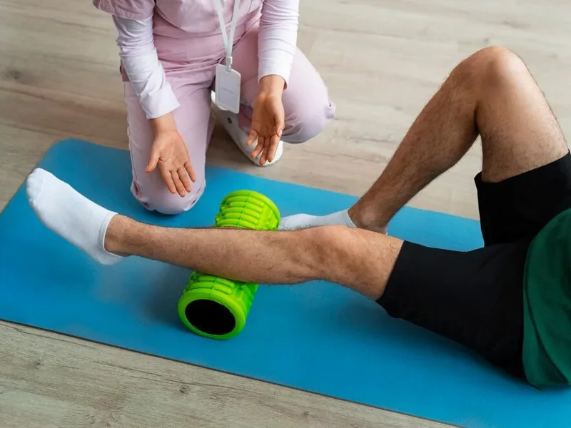 Clinician assisting a client through a rehabilitation exercise