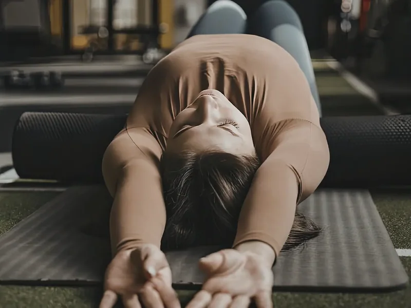 Athlete resting in child's pose on a turf strip