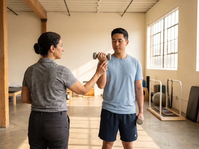 Therapist guiding a client through a seated dumbbell exercise
