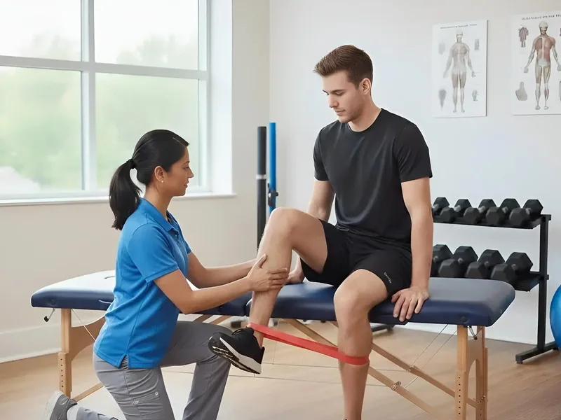Therapist assessing a seated client's knee
