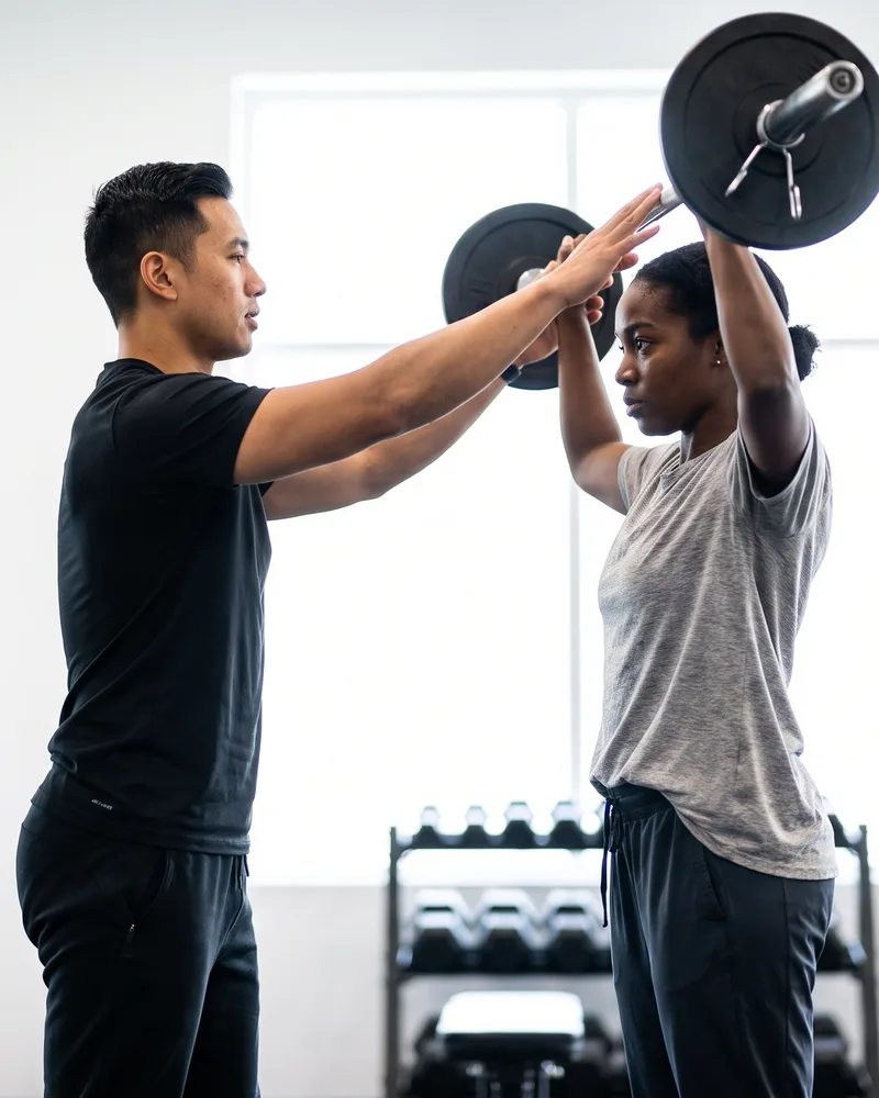 Trainer guiding a client through an overhead barbell press